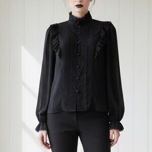 Vintage Club Prive Blouse Small Black Elegant Feminine Ruffled Lace Button Down